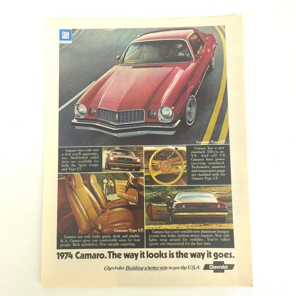 Chevrolet Camaro Type LT Print Ad 1974 Red Muscle Car Vintage Garage Wall Art